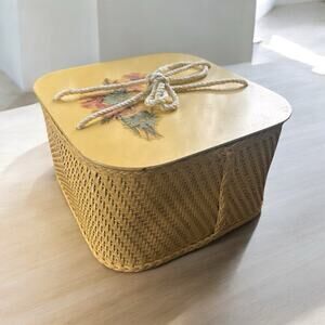 Vtg PRINCESS sewing basket square yellow floral wicker craft notion box 60's